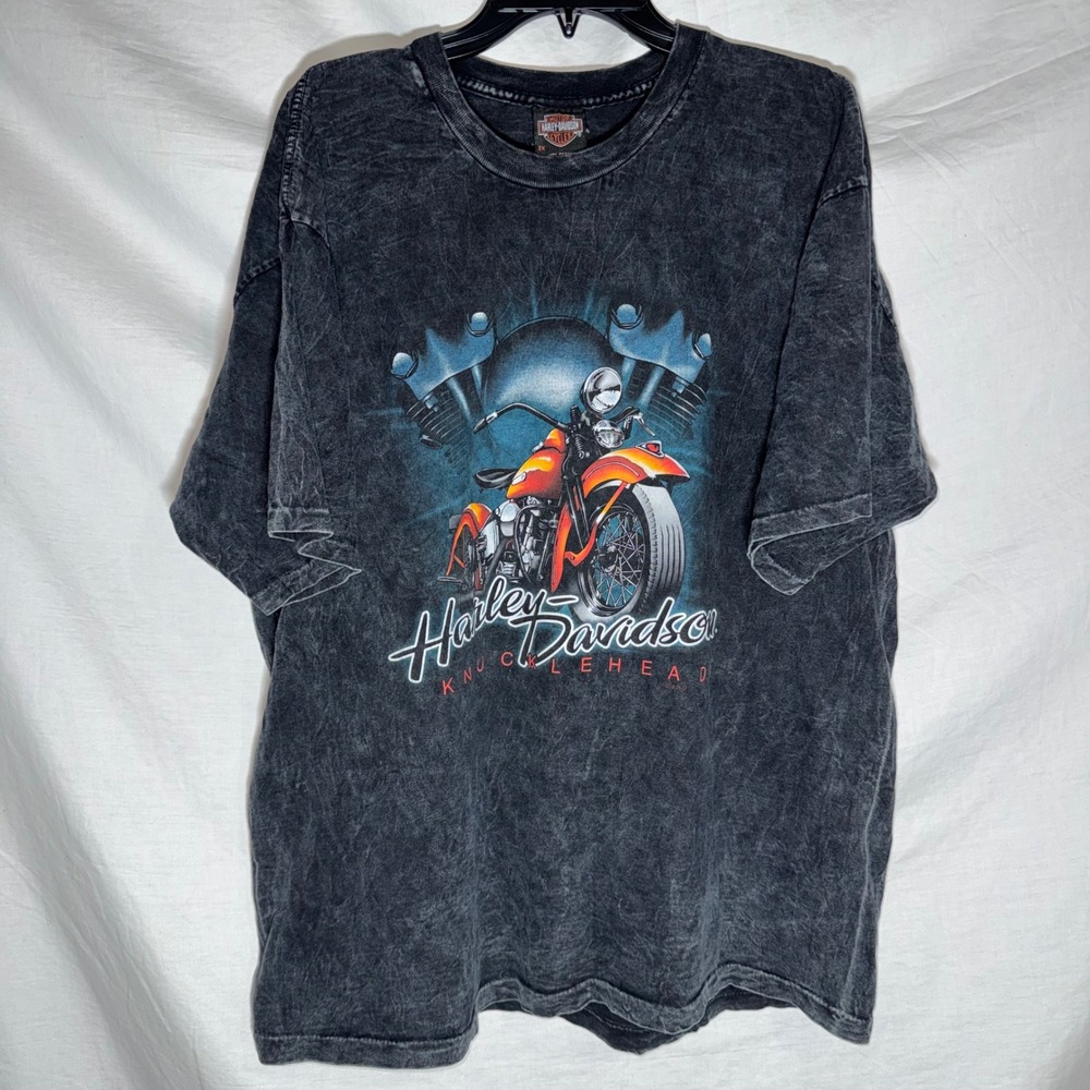 Vintage Harley Davidson Knucklehead Shirt Y2K Acid Wash Black 2XL Single Stitch